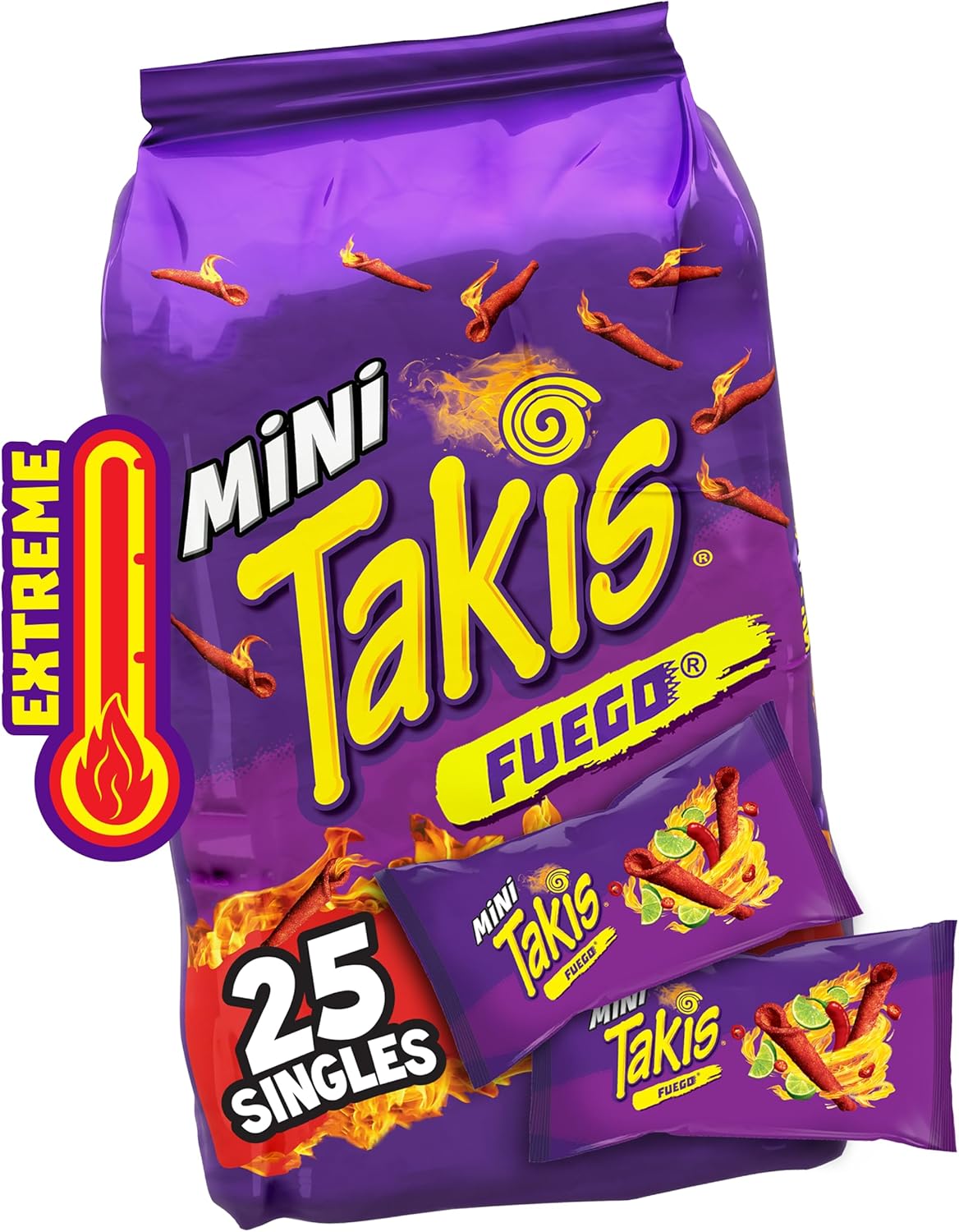 Takis Fuego Mini Singles — Extreme Chili & Lime Crunchy Rolls (25-Pack Large Bag)
