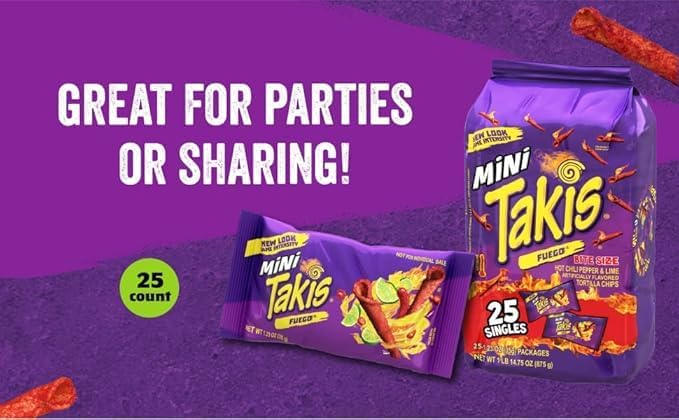 Takis Fuego Mini Singles — Extreme Chili & Lime Crunchy Rolls (25-Pack Large Bag)