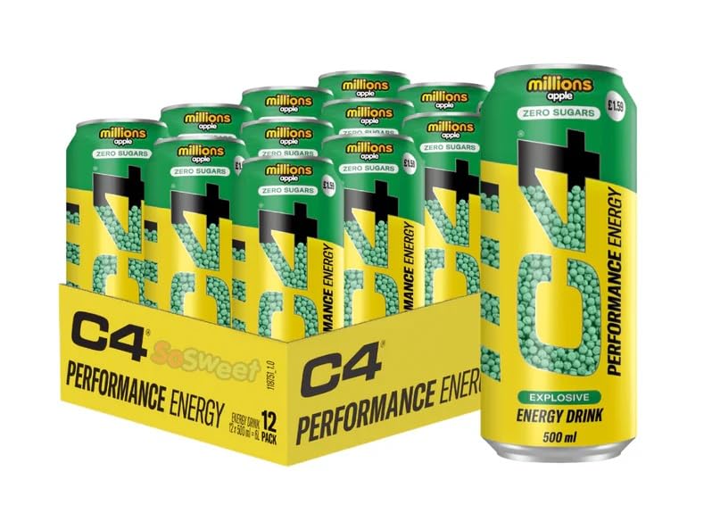 [Pack Of 12] C4 Performance Energy Millions Apple Explosive Energy Drink Zero Sugar Can 500ml