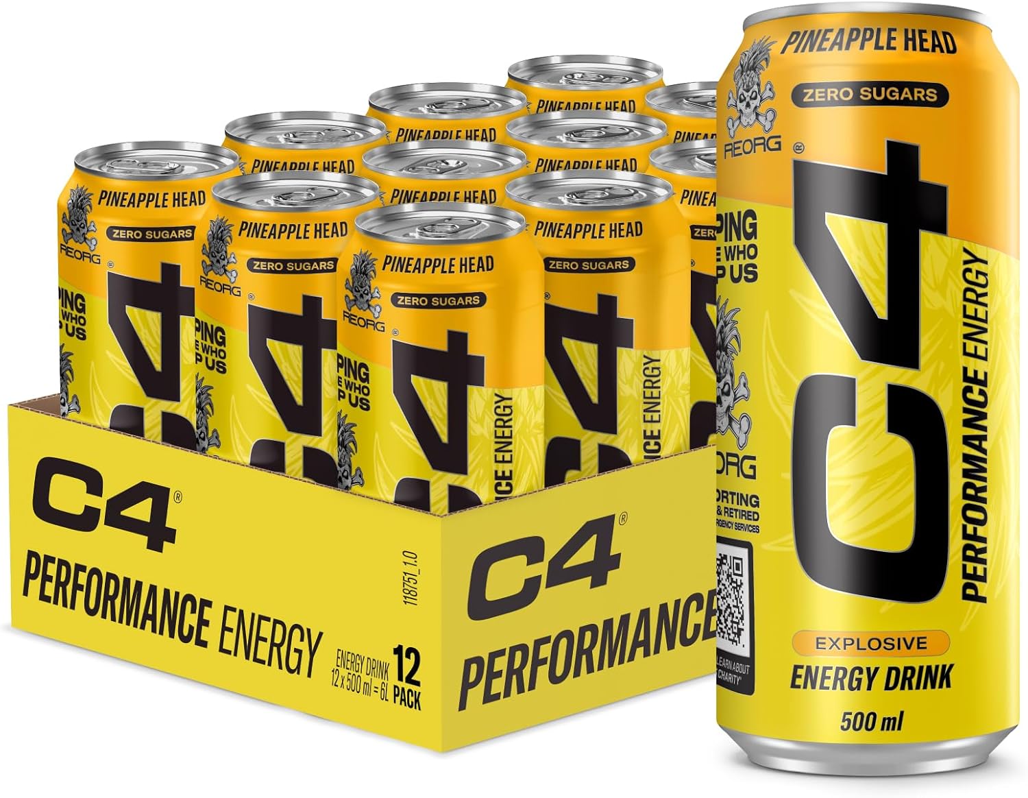 [Pack of 12] C4 Explosive Energy Drink – Pineapple Head | Zero Sugar | 160mg Caffeine | 500ml |