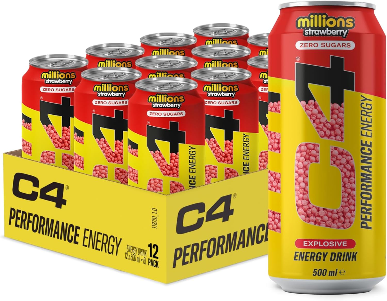 [Pack of 12] C4 Explosive Energy Drink – Millions Strawberry | Zero Sugar | 160mg Caffeine | 500ml