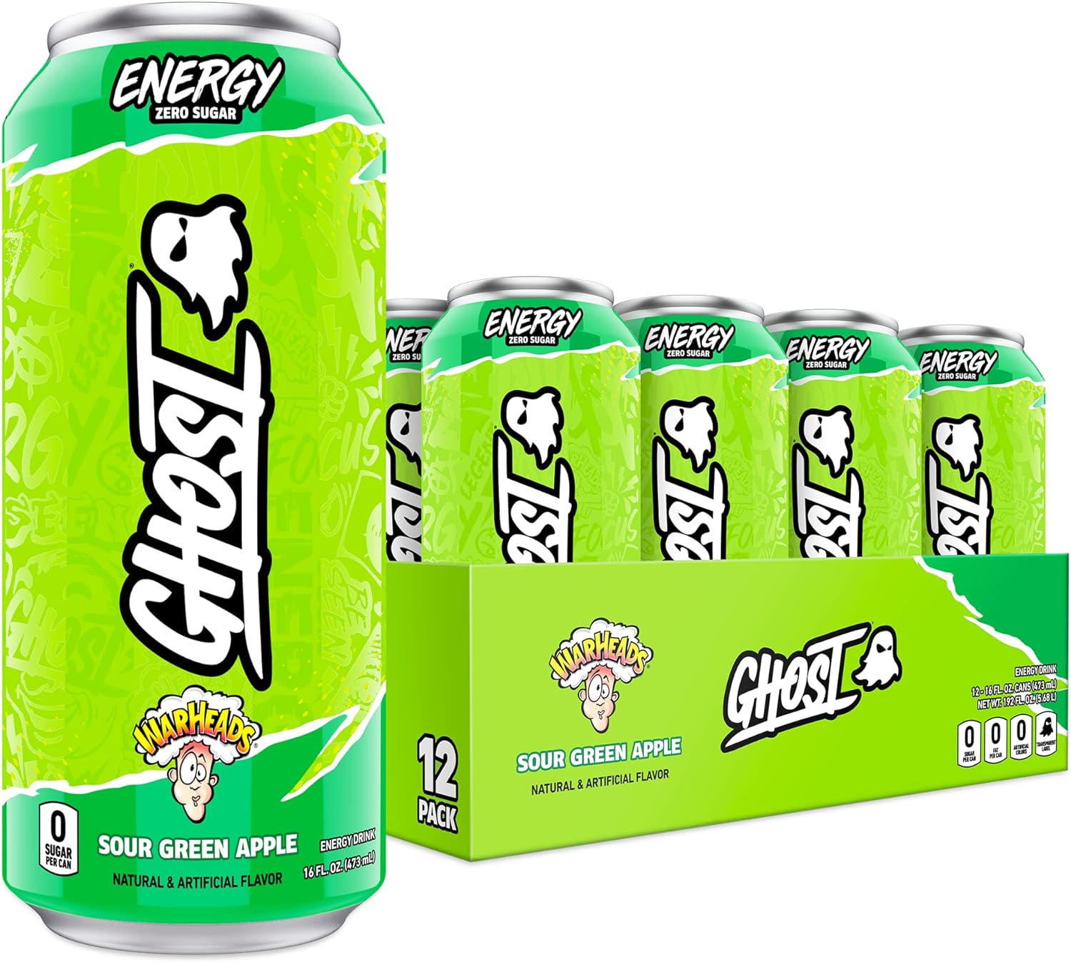 GHOST ENERGY Sugar-Free Pre Workout Drink, WARHEADS Sour Green Apple, 500ML