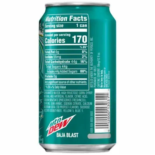 [12 Pack] Mtn Dew Baja Blast Tropical Lime -Munchie Box Reserve (Regular, 12Oz Cans)